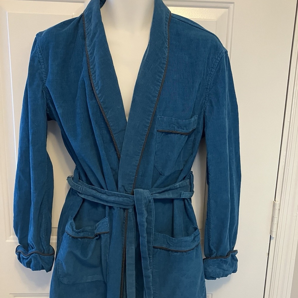 Men's Bond Fifth Avenue Vintage Medium/Large Teal Blue/Black Trim Corduroy Robe